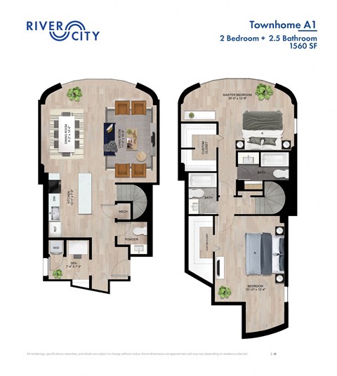 Floor plan for 2 beds, 2.5 baths, 1560 sqft